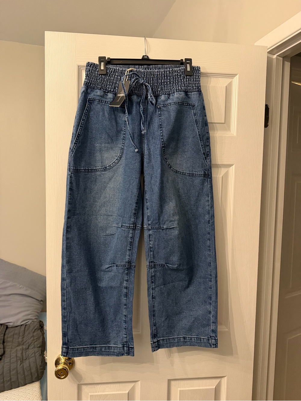 Flamingals Relaxed Drawstring Denim Jeans in Blue
